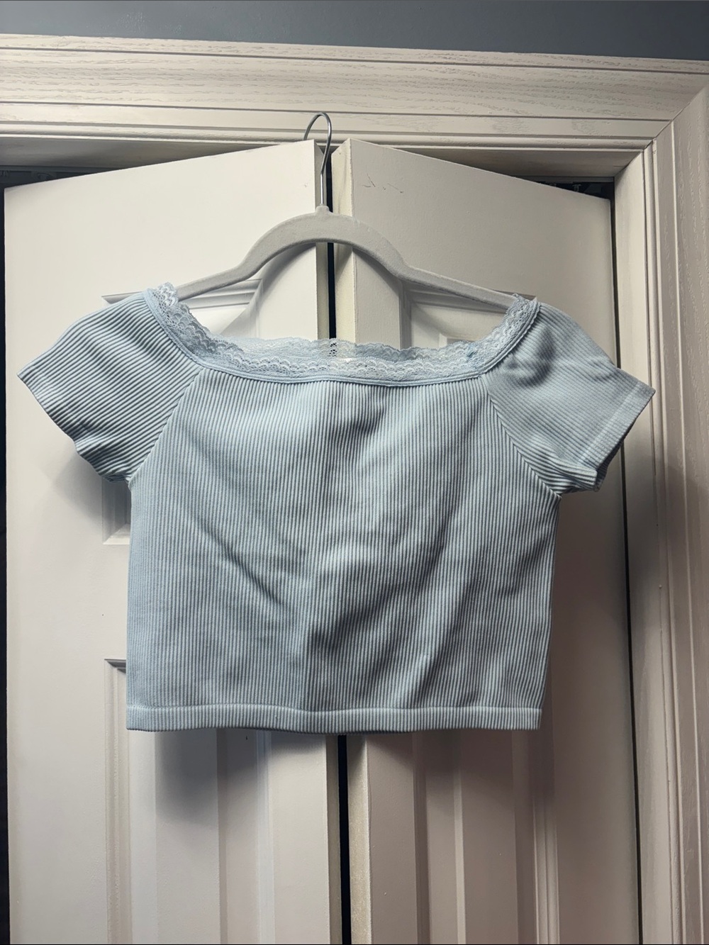 Altar'd State Light Blue Ribbed Lace-Trim Crop Top